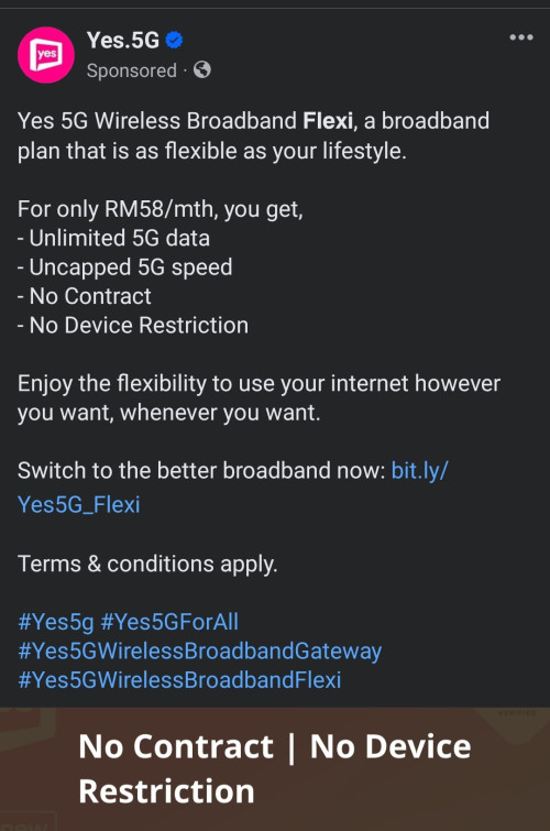 Yes 5G Wireless Broadband Flexi Unlimited RM58