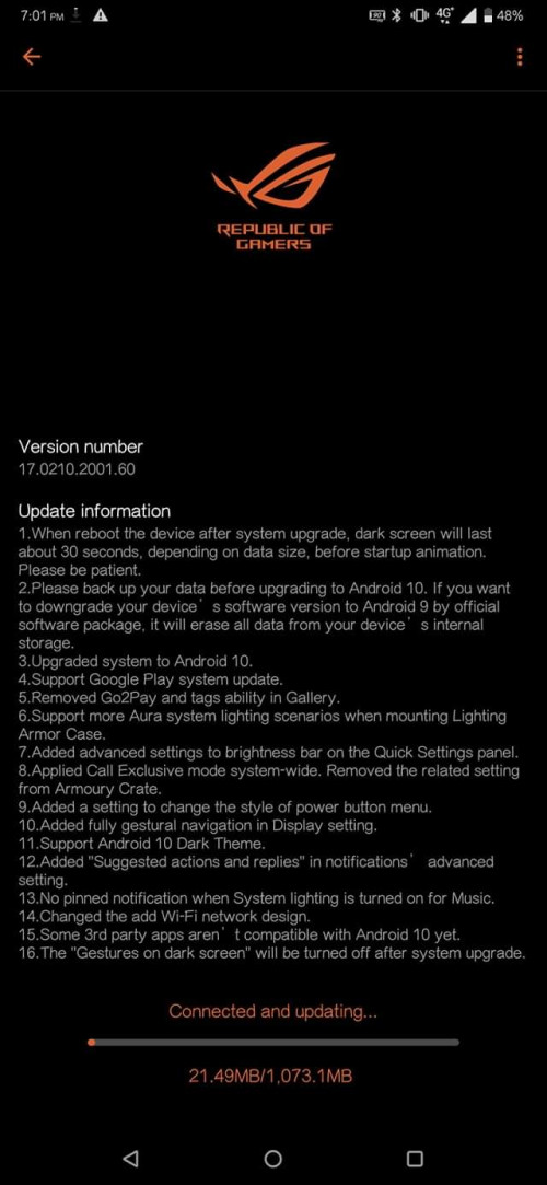 rog phone 2 android 10 official ota