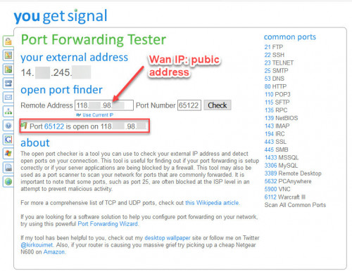 Wan public IP address port forwarding working ok