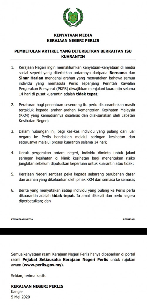 Want To Enter Perlis You Need 14 Days Quarantine