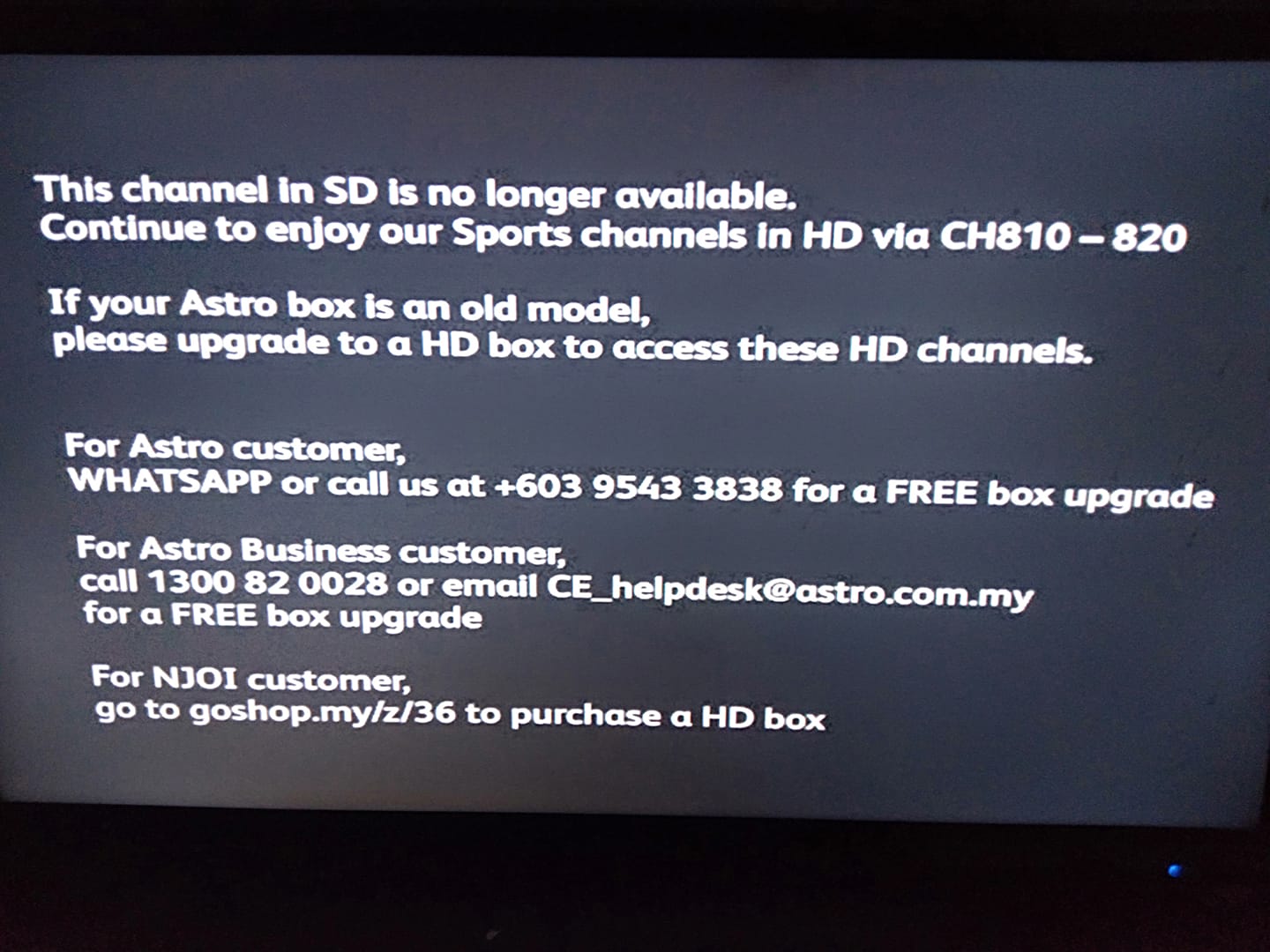 Astro SD sports channel ceases
