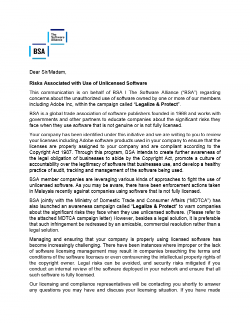 BSA Compliance Awareness Letter Malaysia Page 1