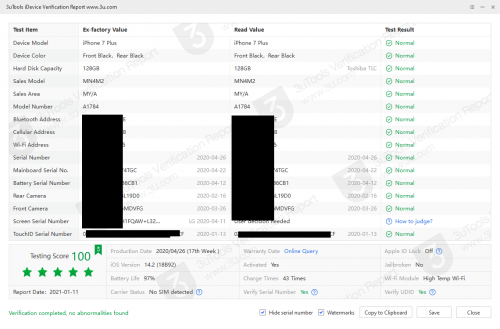 iPhone 7 Plus iDevice Verification Report 001E45E60E0A8026