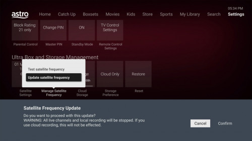 Ultra Box DCSS LNB Manage Satellite Frequency Test and Update Confirm