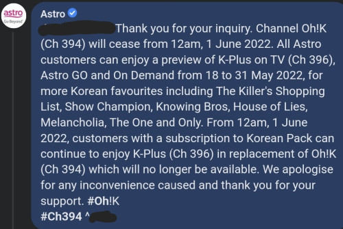 Oh!K CH394 cease on Astro 1 June 2022
