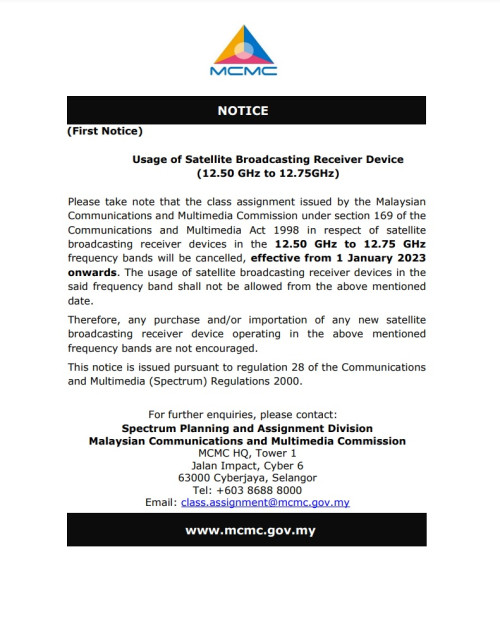 (First Notice) MCMC
https://www.mcmc.gov.my/skmmgovmy/media/General/pdf2/PN-Satellite-Broadcasting-Receiver-Device_BI.pdf
https://www.mcmc.gov.my/en/media/announcements/notice-usage-of-satellite-broadcasting-receiver-de