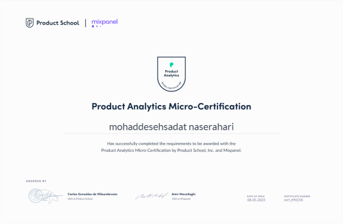 Certificate of Completion for Product Analytics Product School