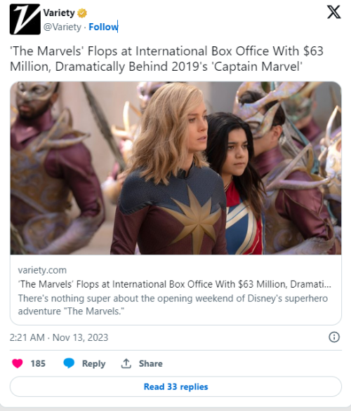 The Marvels' Flops at International Box Office With $63 Million